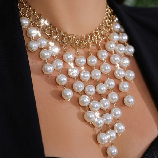 Pearl tassel necklace, fashionable heavy industry collarbone chain
